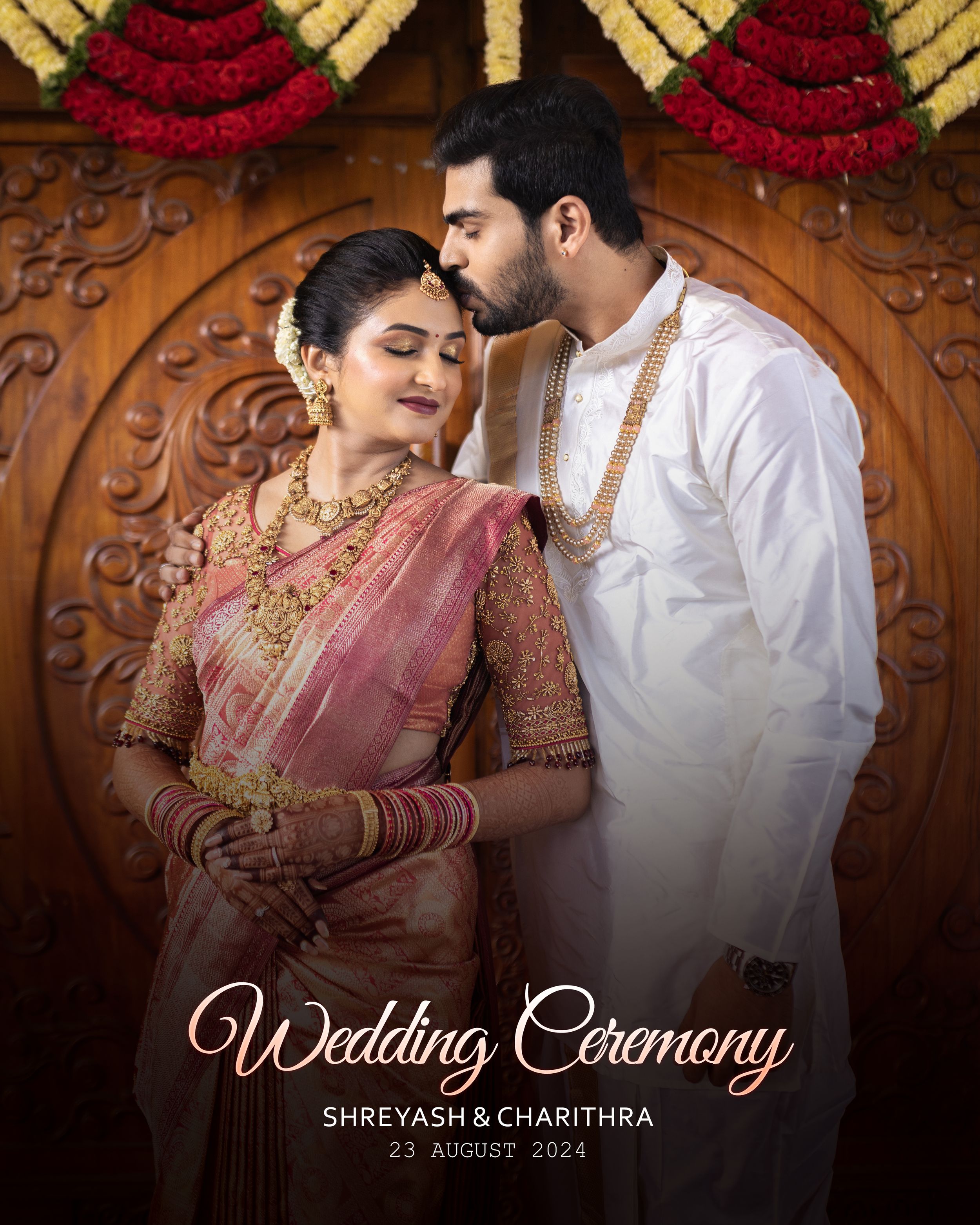 South Indian wedding ceremony photo of couple Shreyash and Charithra on August 23, 2024, bride in pink saree with gold jewelry.