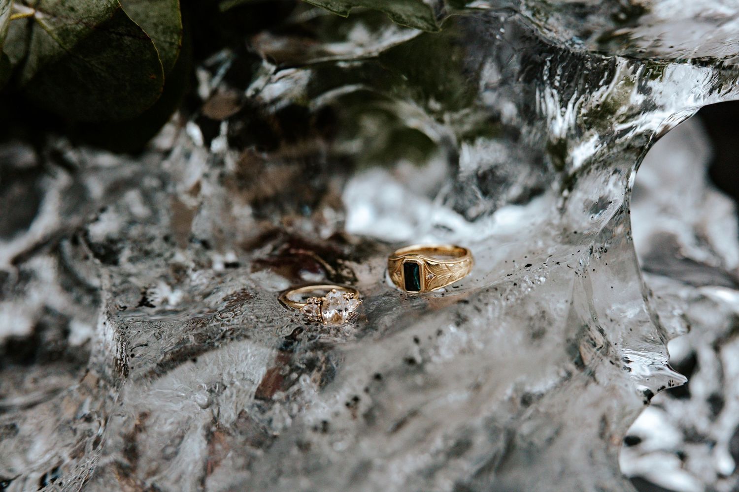 detail shot of the brides rings sitting on a block of ice at Diamond Beach, Iceland