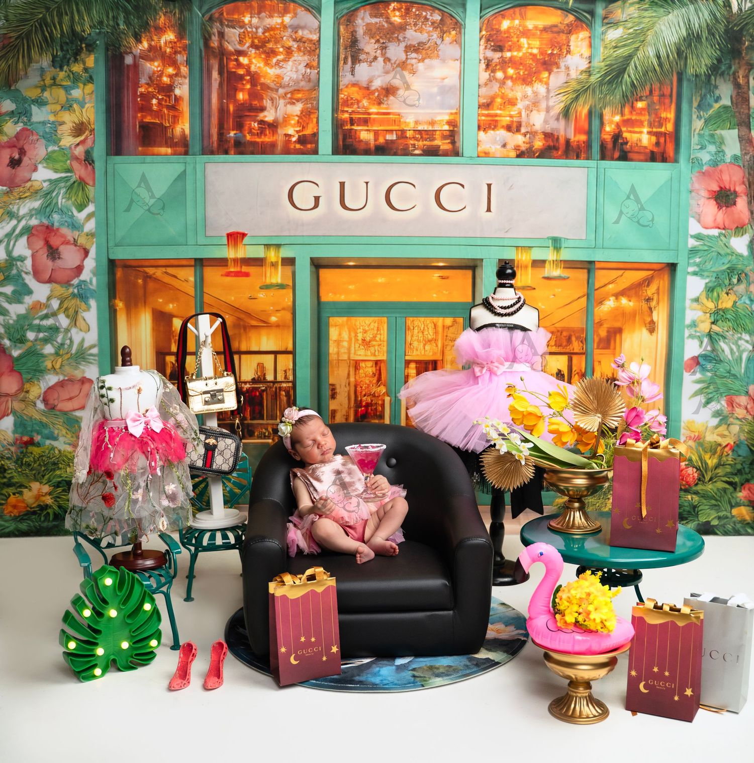 Baby sleeping in chair surrounded by miniature Gucci store backdrop with colorful fashion displays. At The Affinity Studio in St. Augustine.