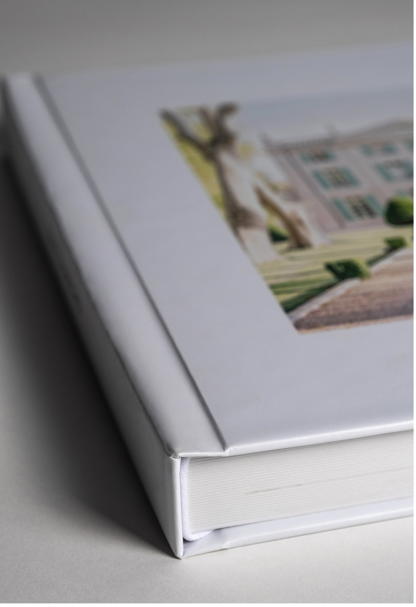 White photo album corner with blurred image visible on cover.