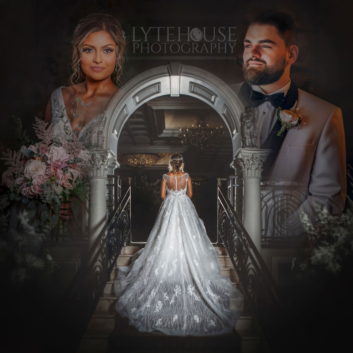 Elegant wedding photo collage by Lytehouse Photography featuring bride in lace gown, groom in suit, and venue arch.