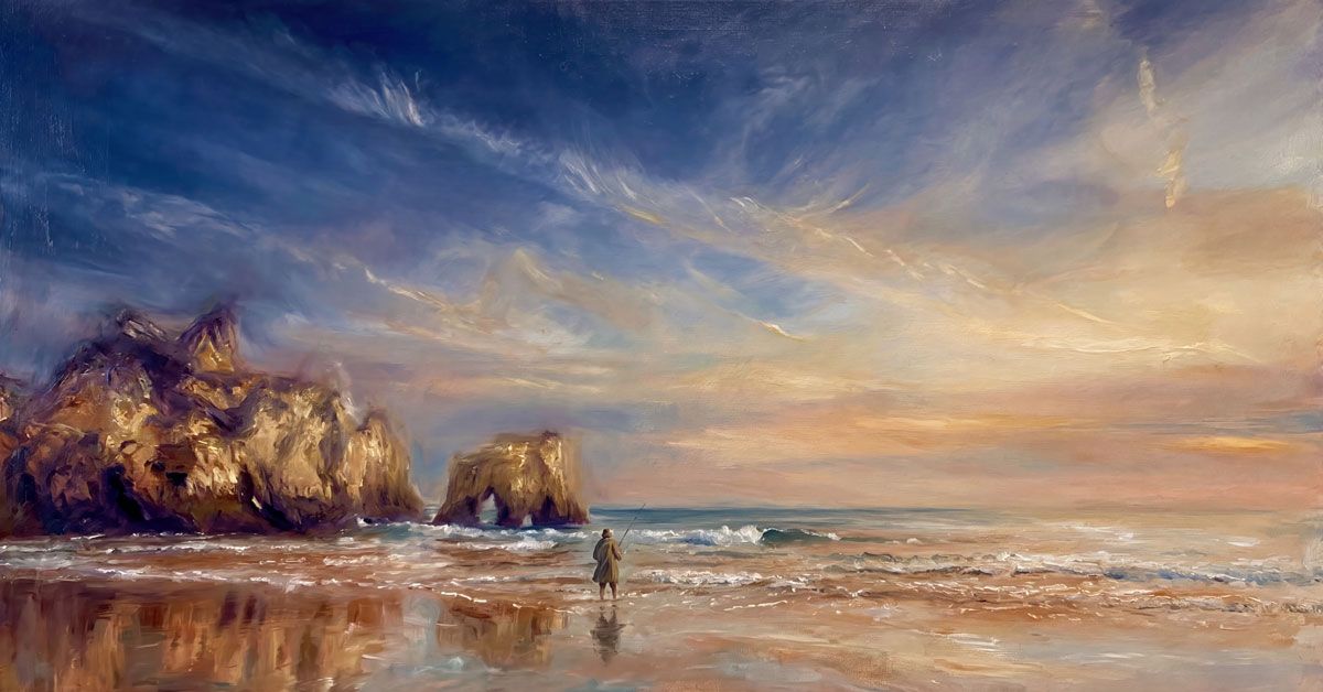 A lone figure walks along a dramatic sunset beach with towering rock formations and golden skies reflected on wet sand.