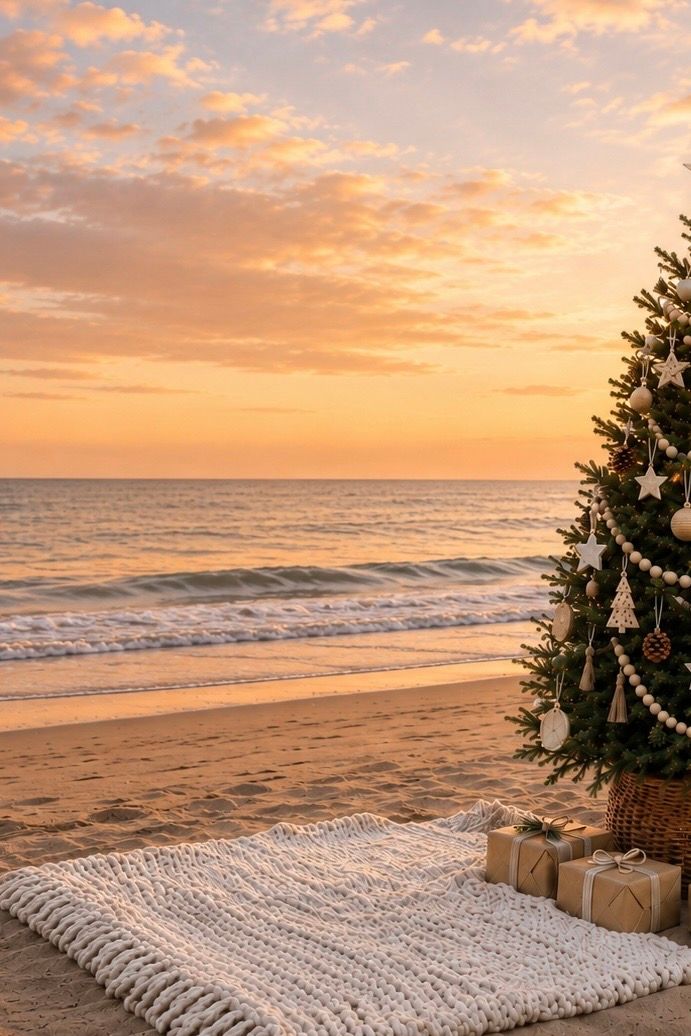 Decorated Christmas tree with gifts on a white rug beside the ocean at a stunning golden sunrise.