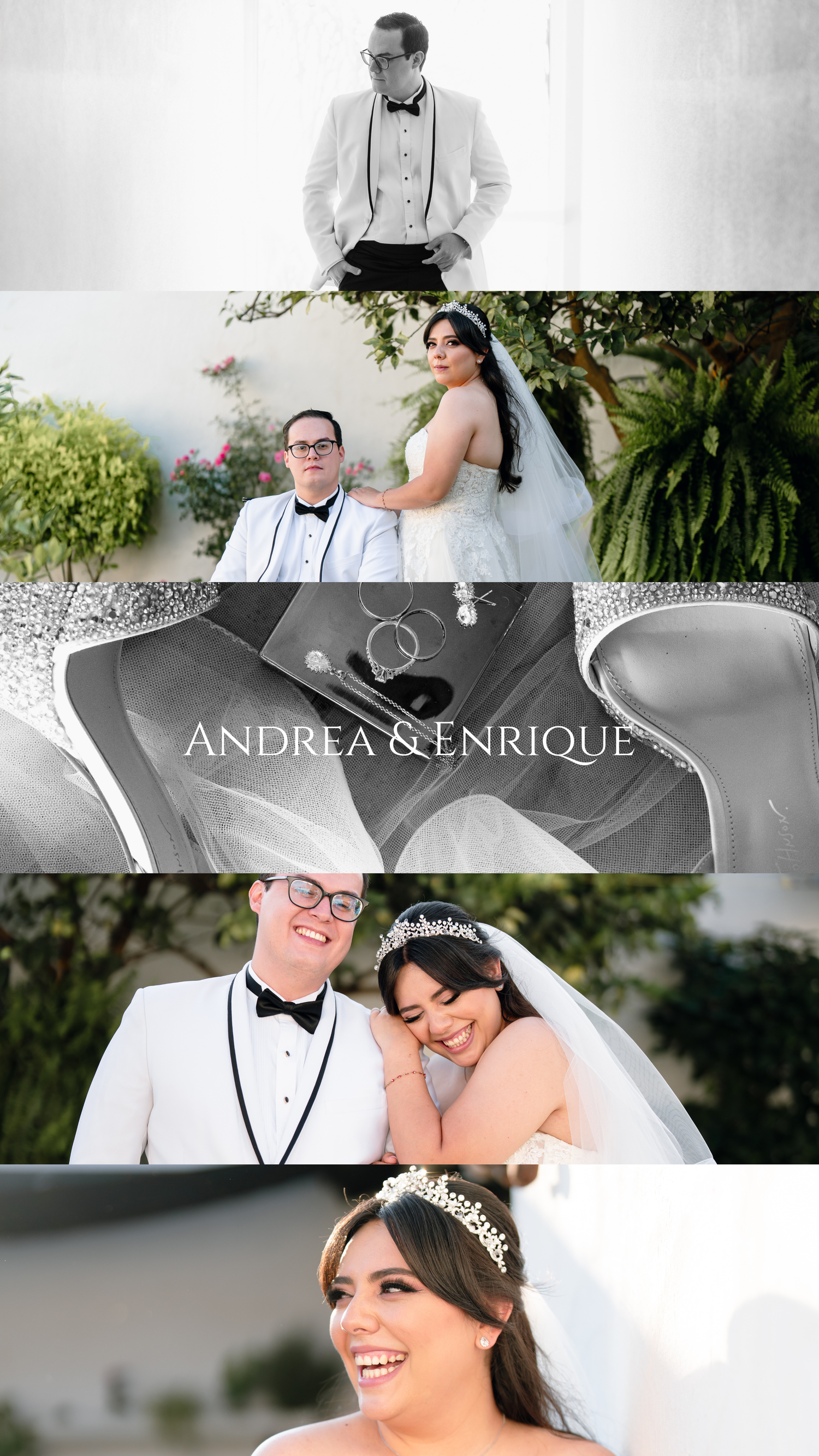 Wedding photo collage showing romantic moments between newlyweds in outdoor garden setting.