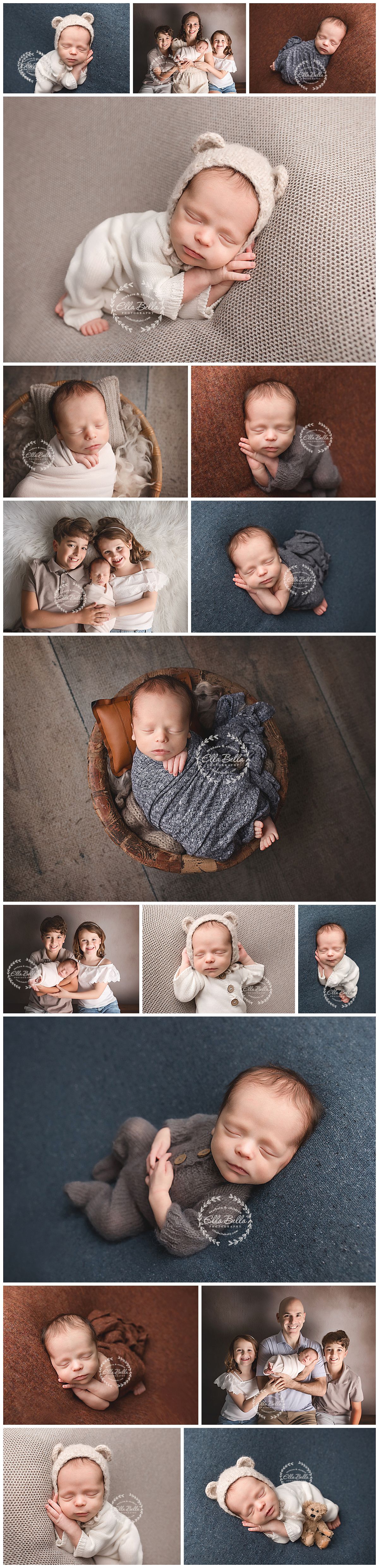 Newborn baby photo collage featuring a sleeping infant in bear bonnet, siblings, and family portraits on blue and brown backgrounds.