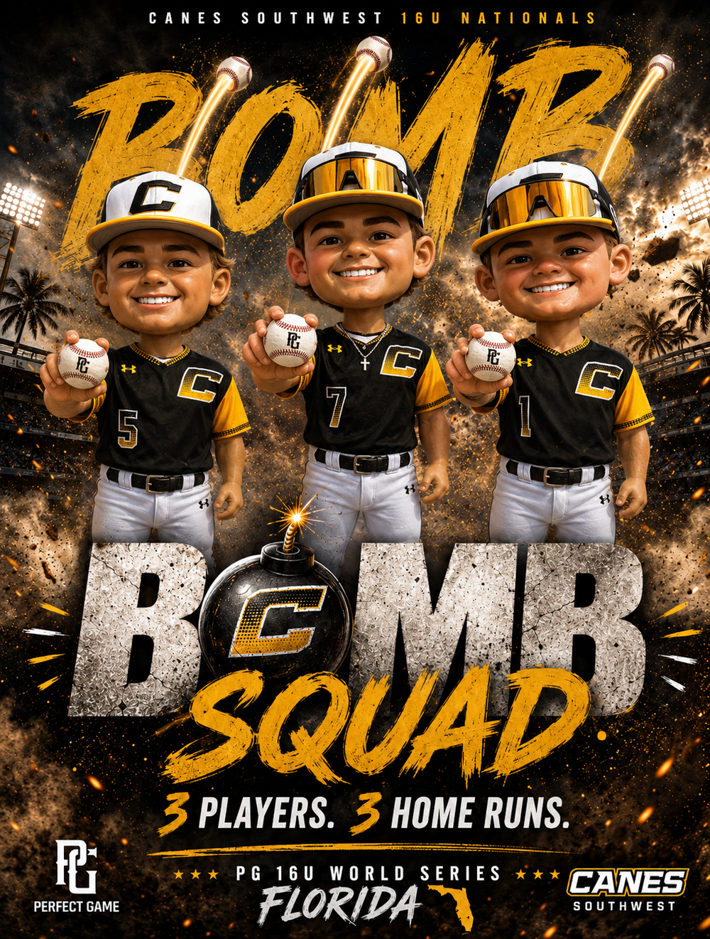 Canes Southwest 16U Nationals Bomb Squad baseball poster featuring three young players holding baseballs, PG World Series Florida.