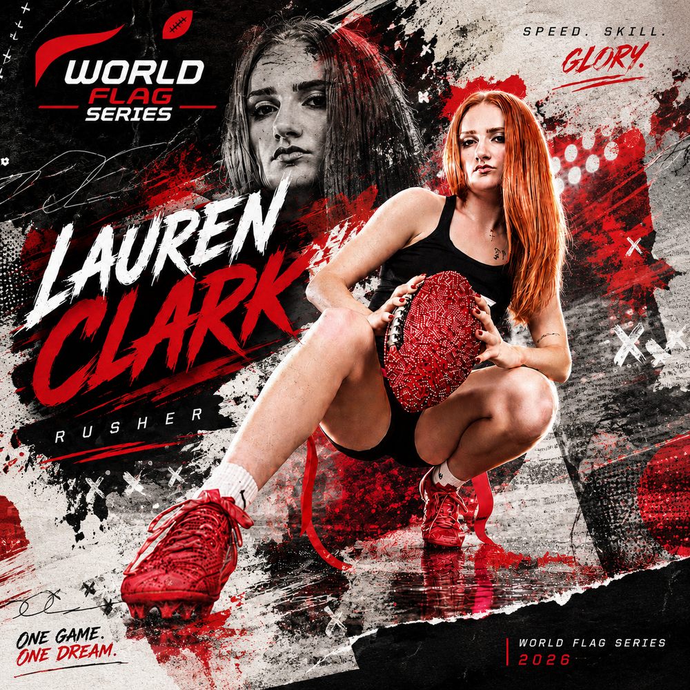 Lauren Clark, a redhead female rusher, poses with a red football for the World Flag Series 2020 promotional poster.