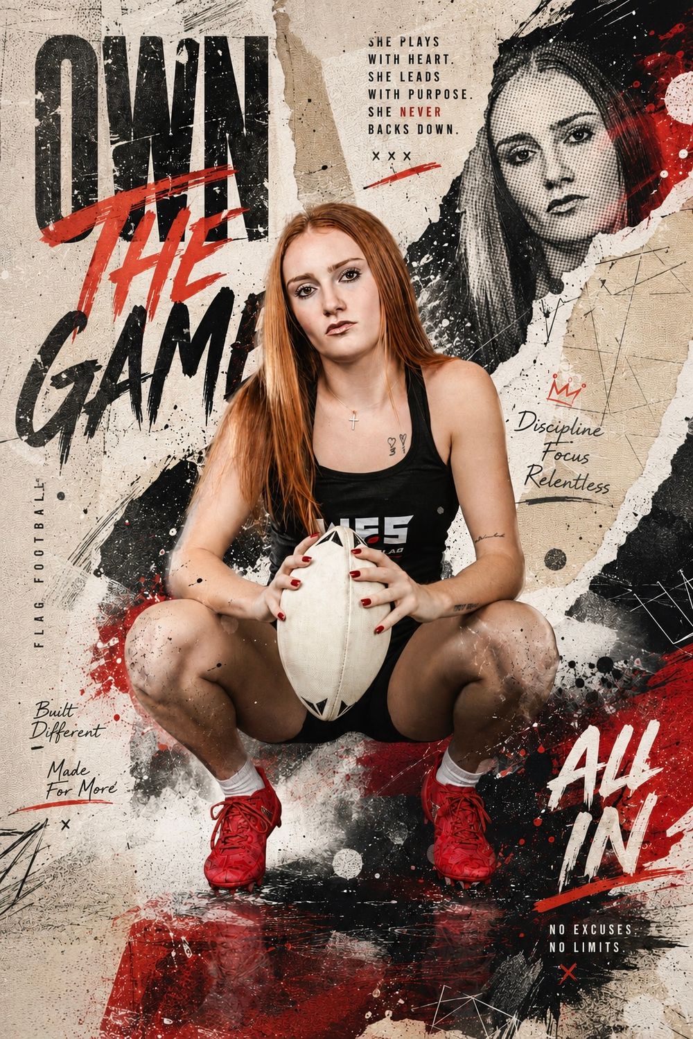 Female rugby player crouching with ball in sports poster reading Own The Game, All In, wearing black jersey and red sneakers.