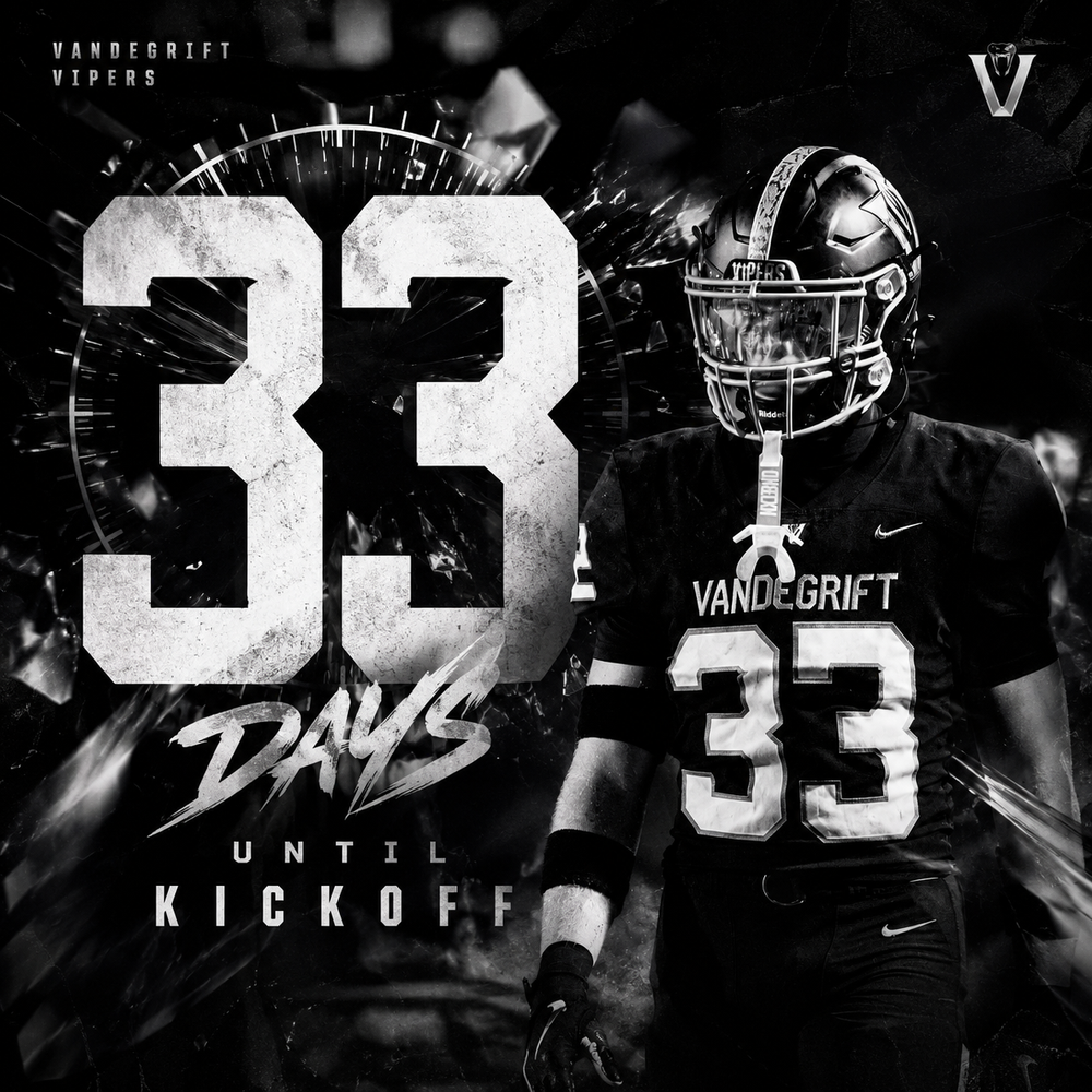 Vandegrift Vipers football player #33 featured in a dramatic countdown graphic showing 33 days until kickoff.