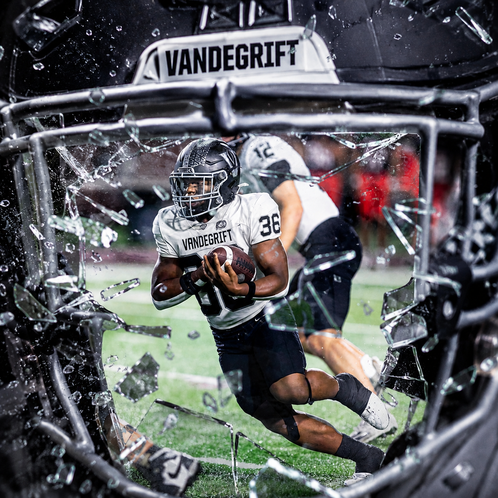 Vandegrift football player #36 bursting through shattered glass in dramatic action shot wearing black and white uniform.