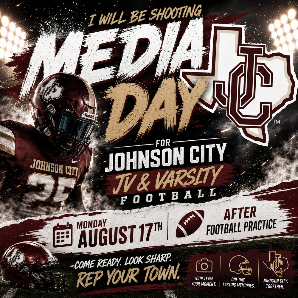 Johnson City JV and Varsity Football Media Day promotional graphic scheduled for Monday August 17th after football practice.