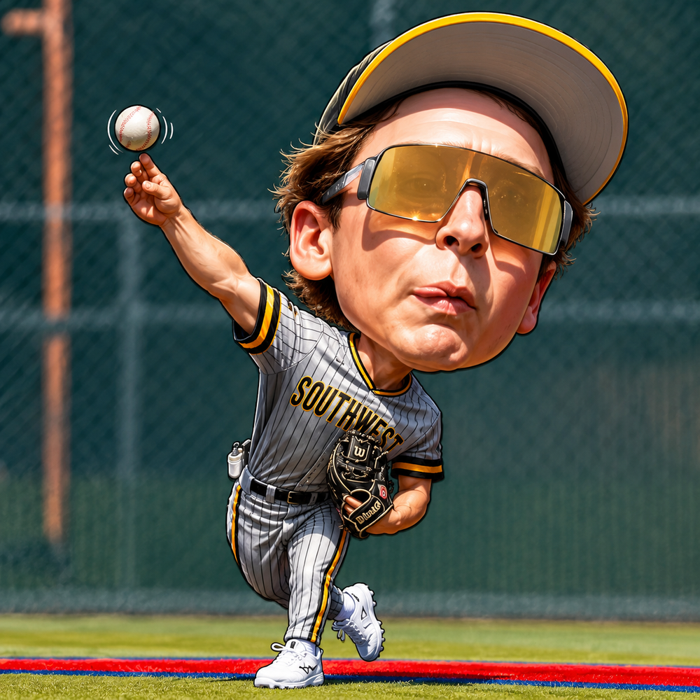 Caricature of a baseball pitcher in a Southwest pinstripe uniform winding up to throw a ball on a sunny field.