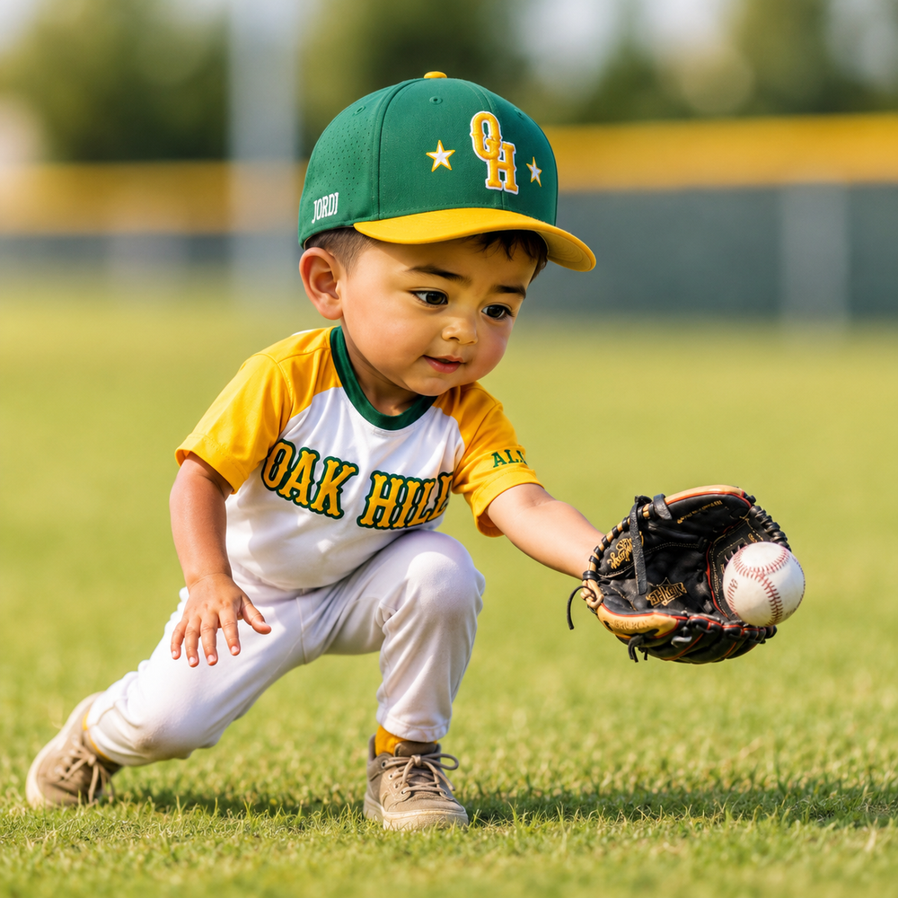 Young toddler in Oak Hill baseball uniform and green cap fielding a ball with a glove on a grass field.