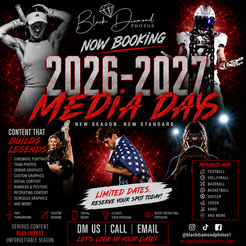 Black Diamond Photos 2026-2027 Media Days booking flyer featuring athletes in action poses with sports photography services listed.