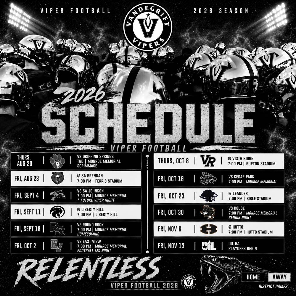 Vanderbilt Vipers Football 2026 season schedule graphic listing home and away games from August through November with RELENTLESS slogan.