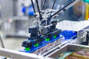 Industrial robotic arm picking and placing products on a conveyor belt in a modern manufacturing facility.