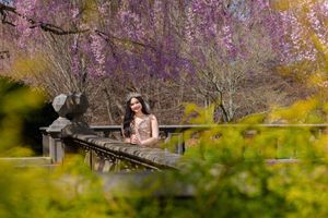 Woman in elegant dress poses on bridge surrounded by blooming purple wisteria and yellow forsythia in spring garden.