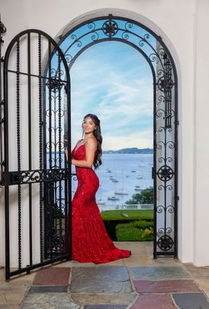 Woman in red sequin mermaid gown posing in ornate iron gate arch with scenic ocean harbor view behind her.