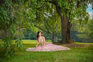 Young woman in pink ballgown sitting gracefully under a large tree in a lush green park setting.