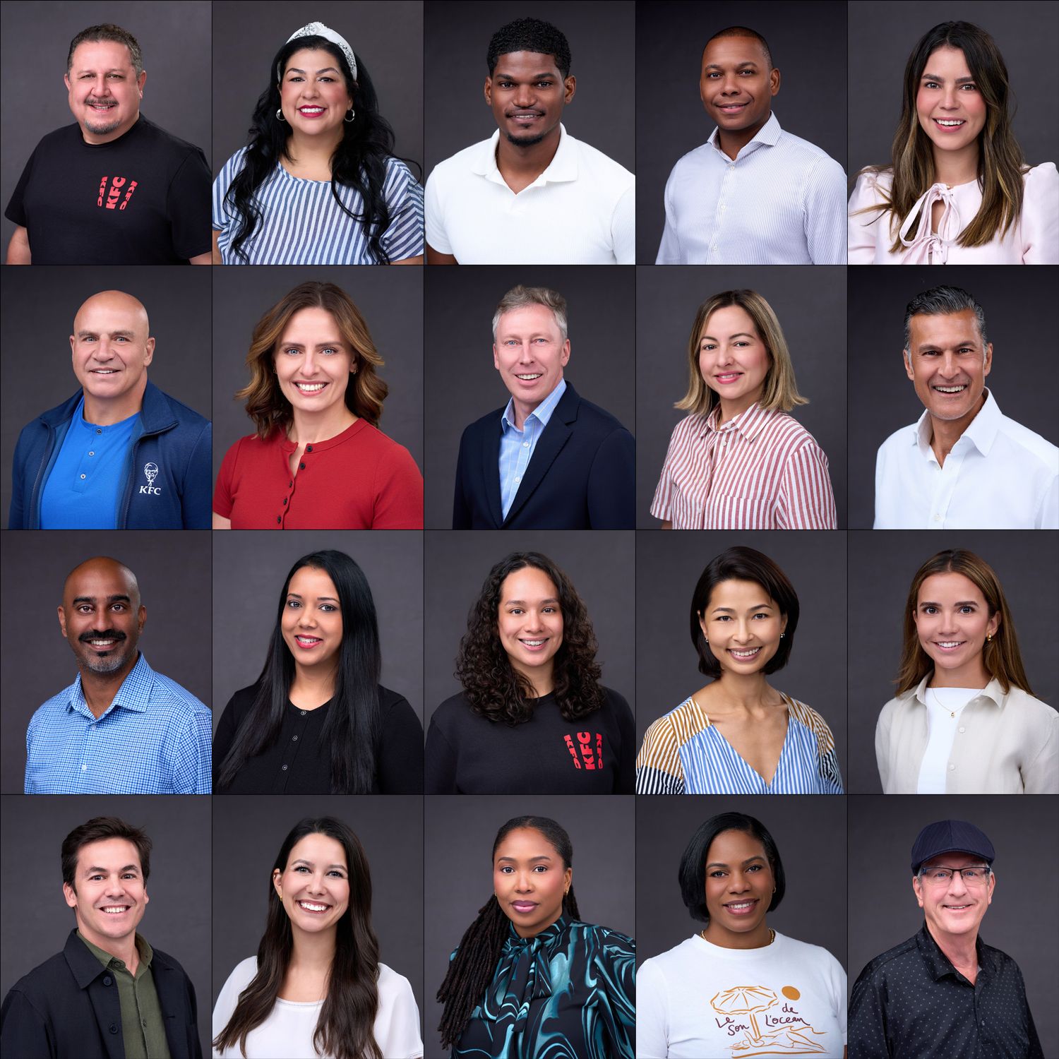 A professional grid collage of 20 diverse business professionals posing for corporate headshots against a gray background.