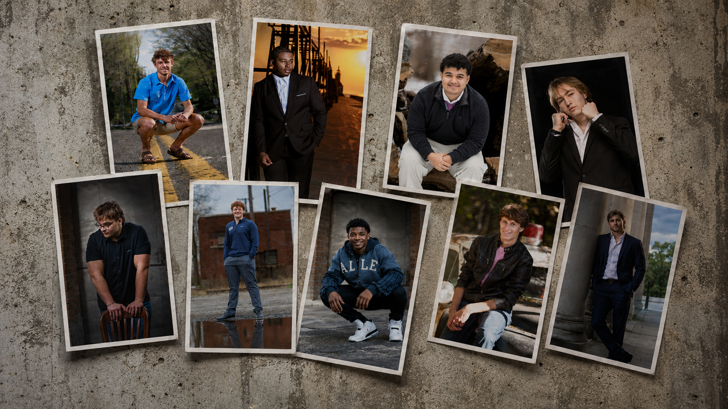 Collage of eight professional portrait photos of young men posed outdoors and indoors on a vintage brown leather background.