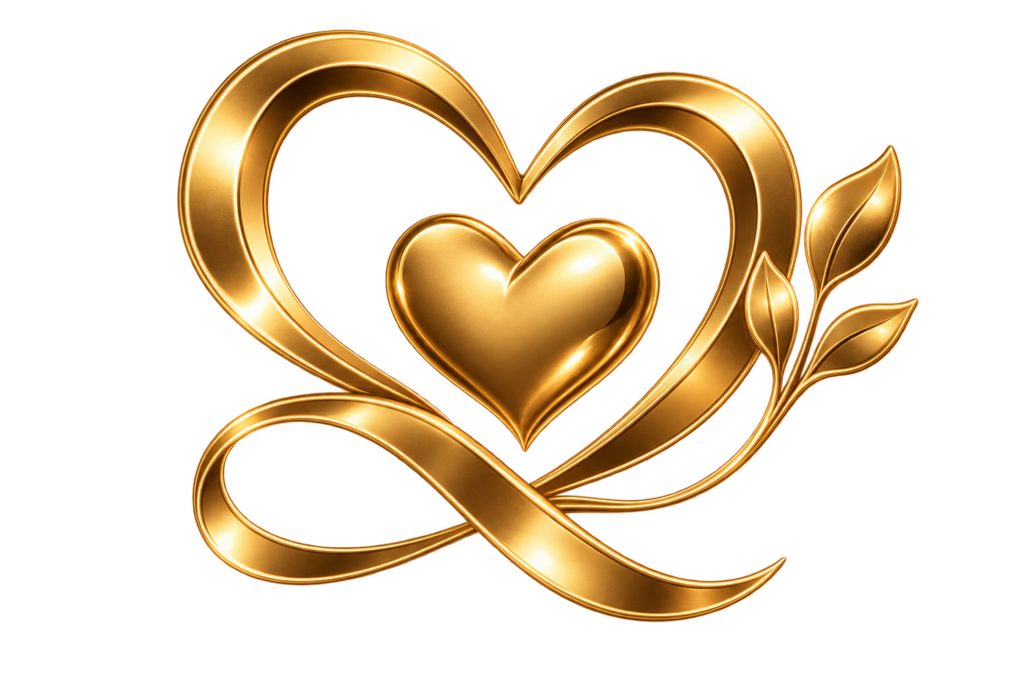 Golden heart symbol with infinity ribbon and decorative leaves, elegant luxury love icon on white background.