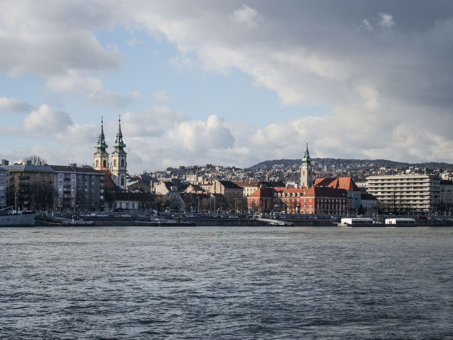 Coast of Danube river over looking Budapest on a sunny day.