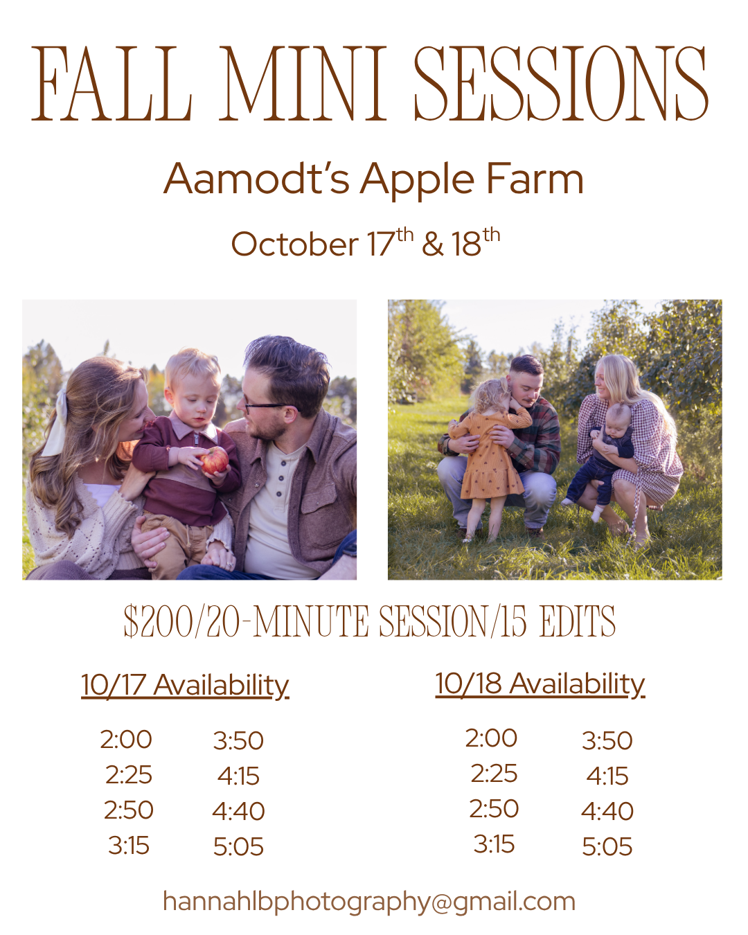 Fall mini photo sessions at Aamodt's Apple Farm on October 17th and 18th, $200 for 20-minute session with 15 edits.