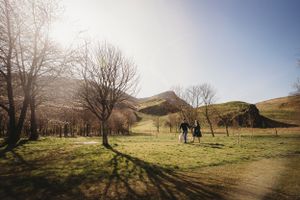 Silhouettes of people walking through sunlit countryside with mountains in background.