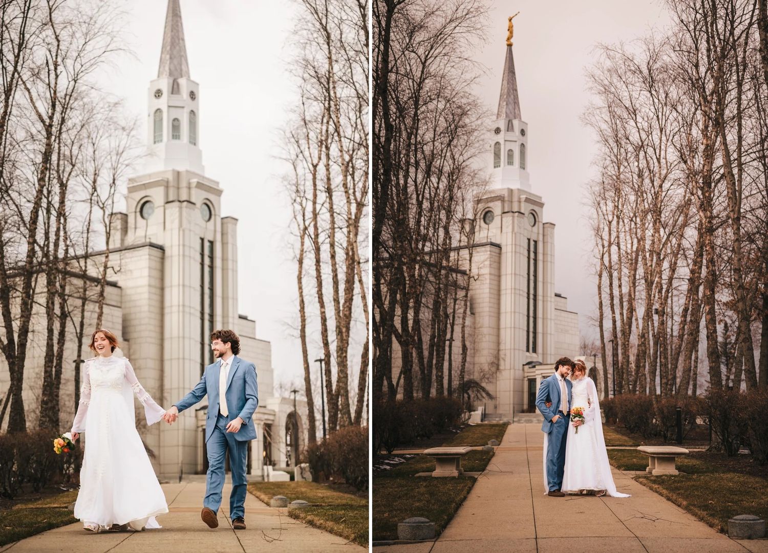 Bride and groom standing together on a pathway in front of Boston Massachusetts Temple, posing for a portrait.  Elopement Photography.