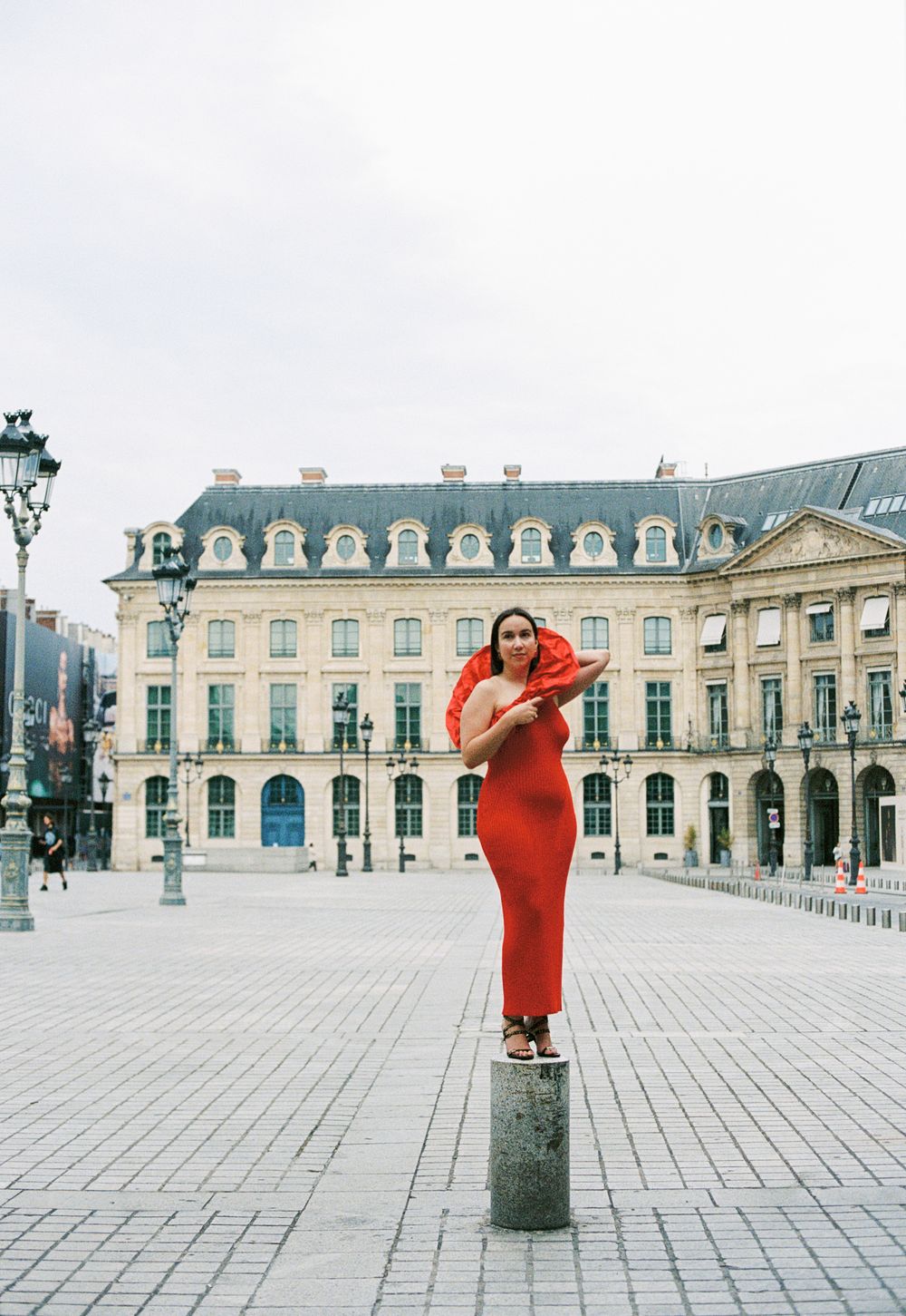 Paris editorial fashion photography, paris editorial fashion photographer, red dress paris fashion film, Schiaparelli red dress film photo
