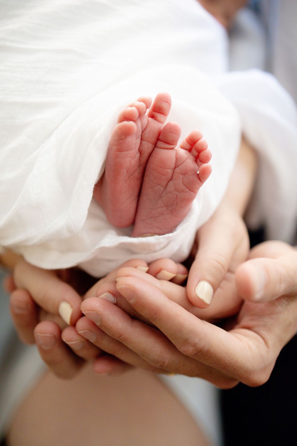 Adult hands gently cradling tiny newborn baby feet wrapped in soft white fabric at University of Tennessee Medical Center.
