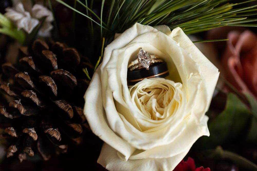 Wedding rings nestled in a white rose bloom surrounded by pine cones and flowers in a bridal bouquet.