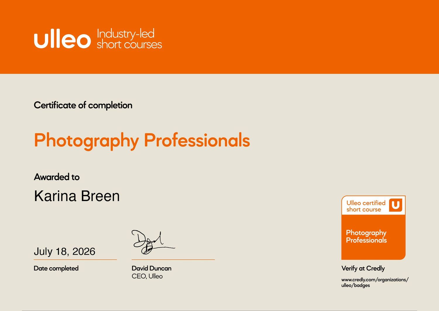 Ulleo Photography Professionals certificate of completion awarded to Karina Breen, dated July 18, 2026.