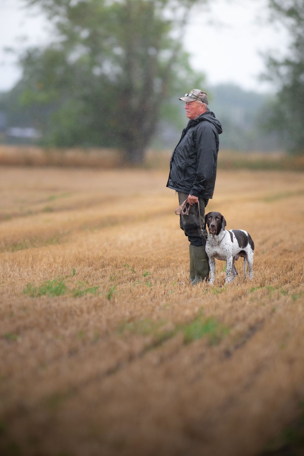 Man in cap and jacket stands with hunting dog in harvested field on a misty day.