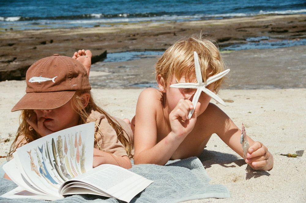 Two blonde children lying on a sandy beach, one holding a starfish while the other reads a book by the ocean.