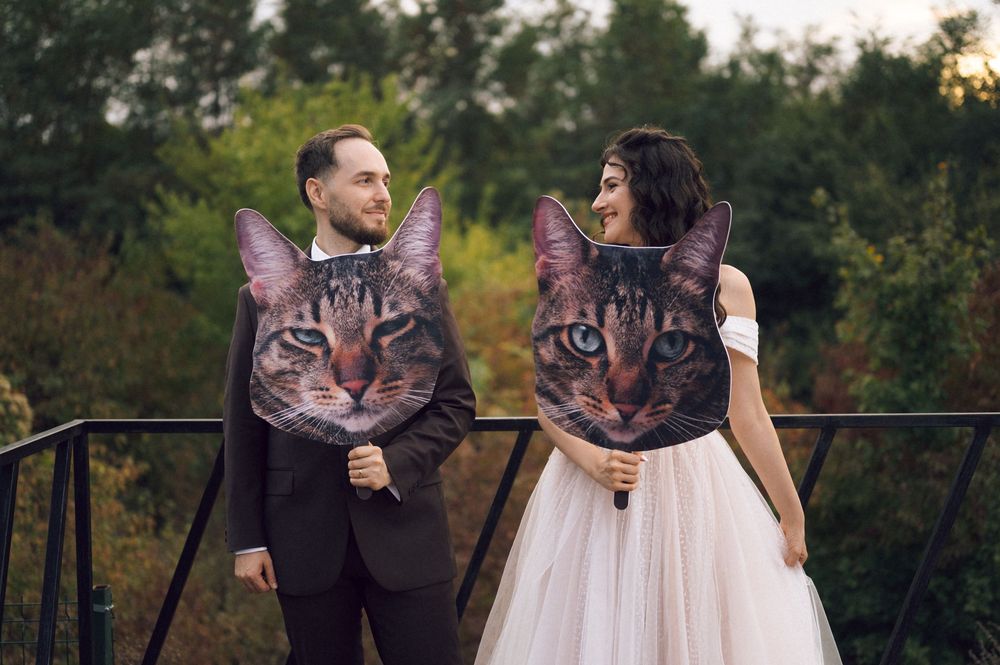 Bride and groom holding large cat face pillows on a bridge, smiling at each other outdoors.
