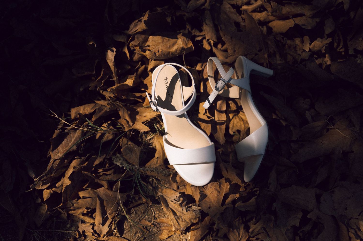 White strappy heeled sandals resting on a bed of dry autumn leaves in a dark, moody outdoor setting.