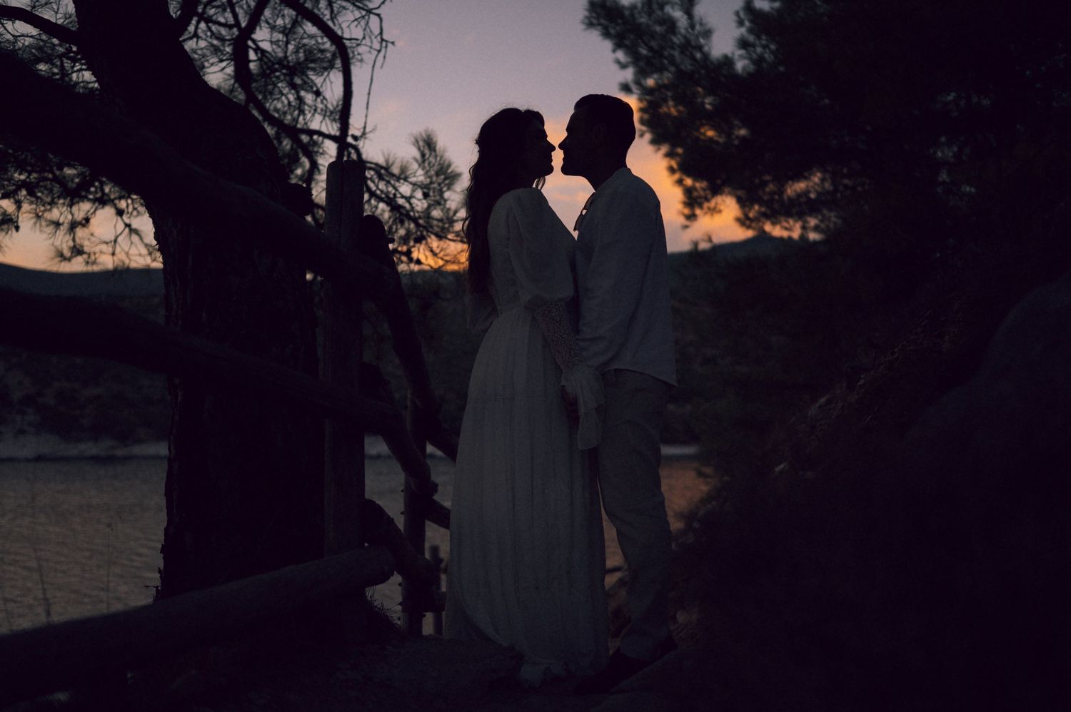 Silhouette of a couple sharing a romantic kiss at sunset, framed by trees in a dreamy outdoor setting.