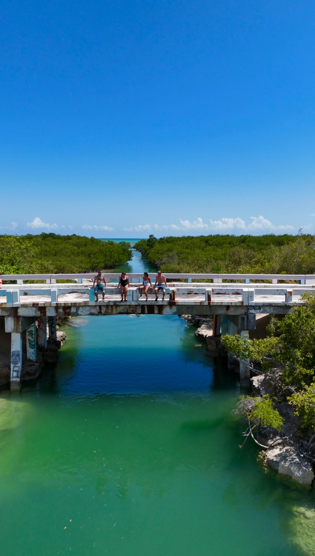 Aerial view of a family standing on a white bridge over turquoise waters surrounded by lush green mangroves.