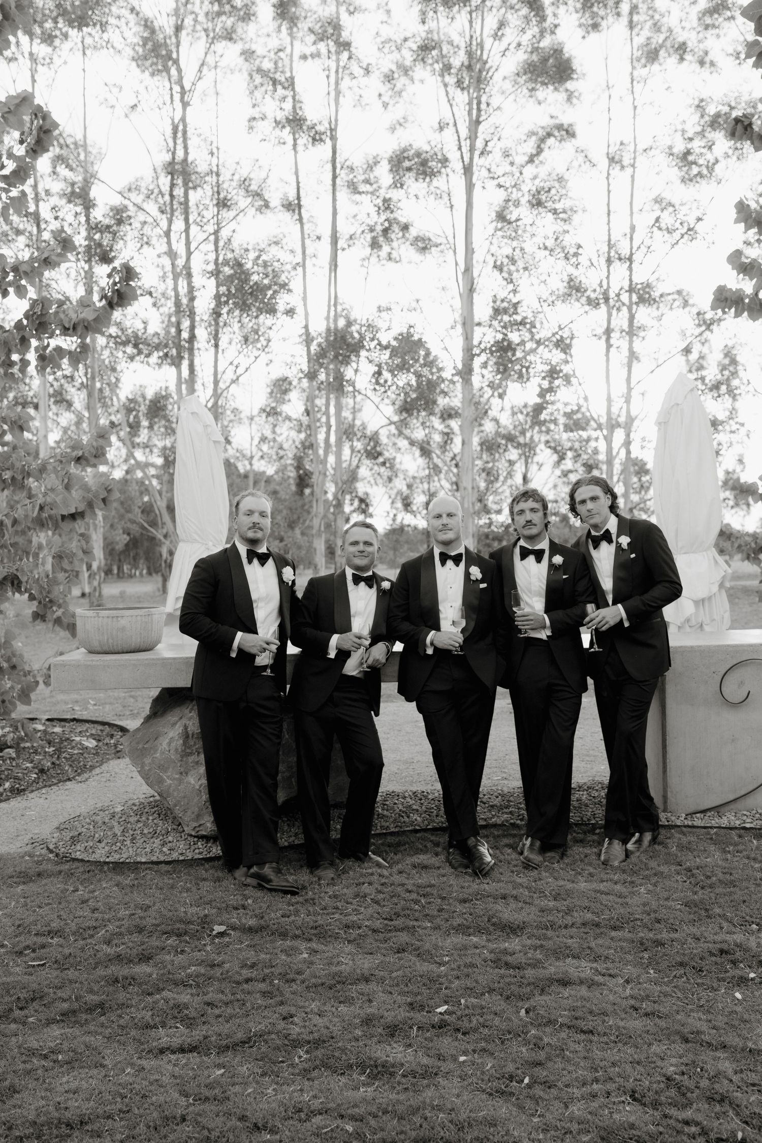 Five groomsmen in black tuxedos with bow ties pose outdoors holding drinks among tall trees.