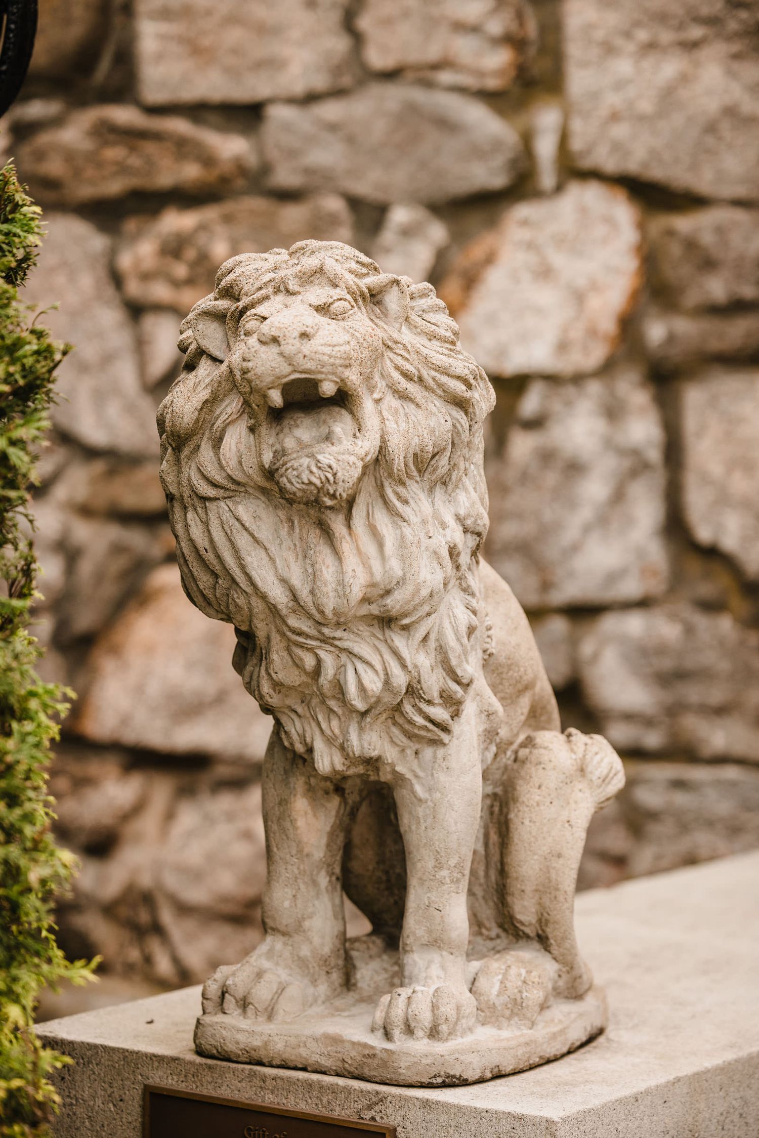 Stone lion statue at the entrance of Searles Castle, a wedding venue in Windham, New Hampshire.