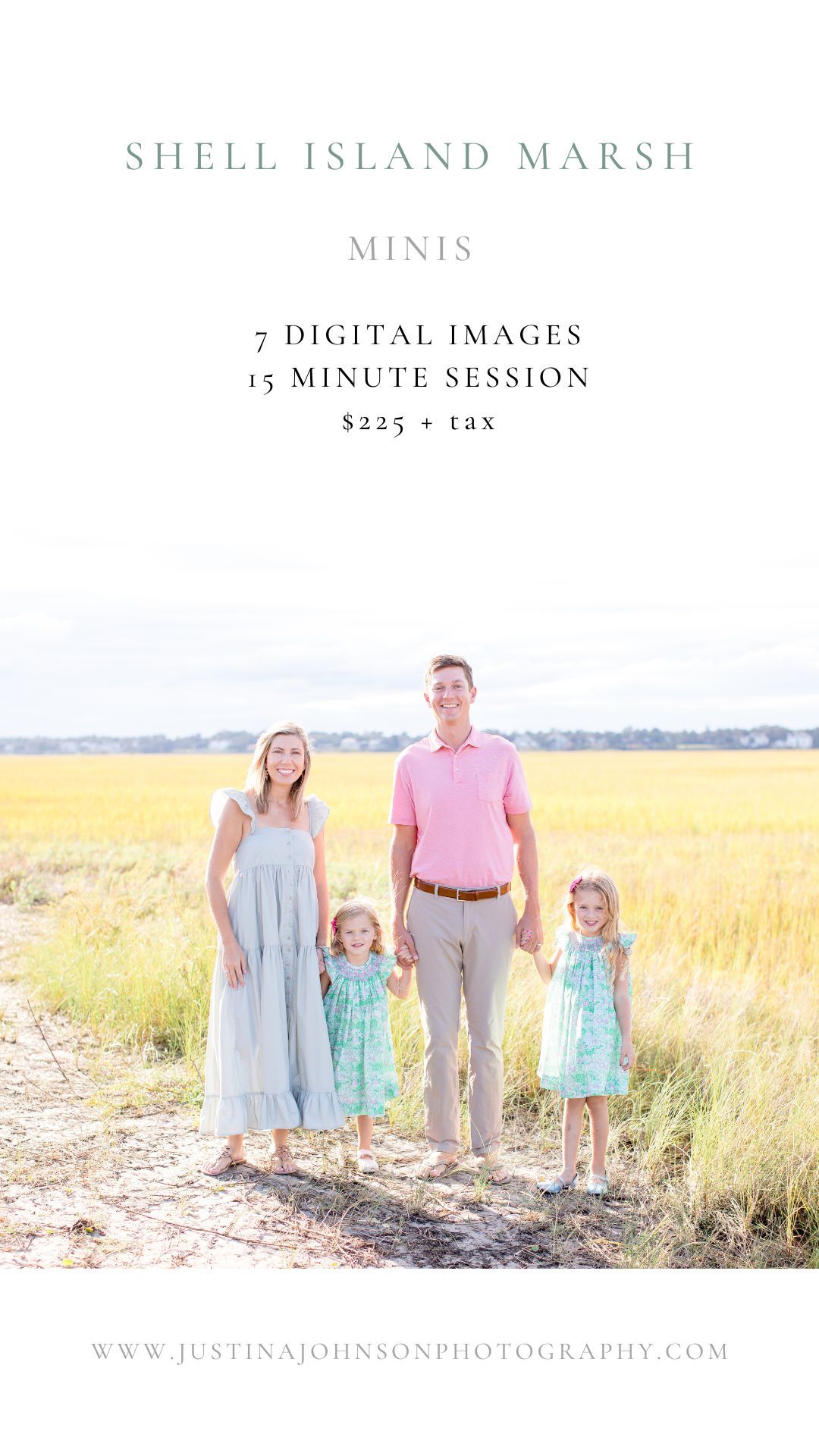 Family of four poses in golden marsh field for Shell Island Marsh mini photography session, 7 digital images for $225.