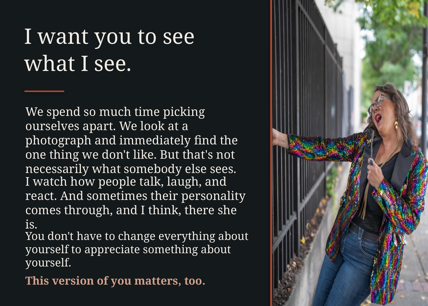Woman in a colorful sequined jacket and jeans laughs joyfully by a fence beside a self-acceptance message about appreciating yourself.