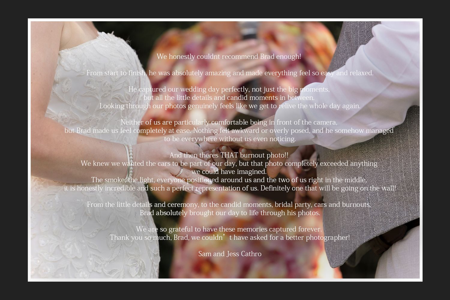 Romantic wedding photo with heartfelt letter overlay from bride and groom, capturing emotional vows and gratitude to their photographer.