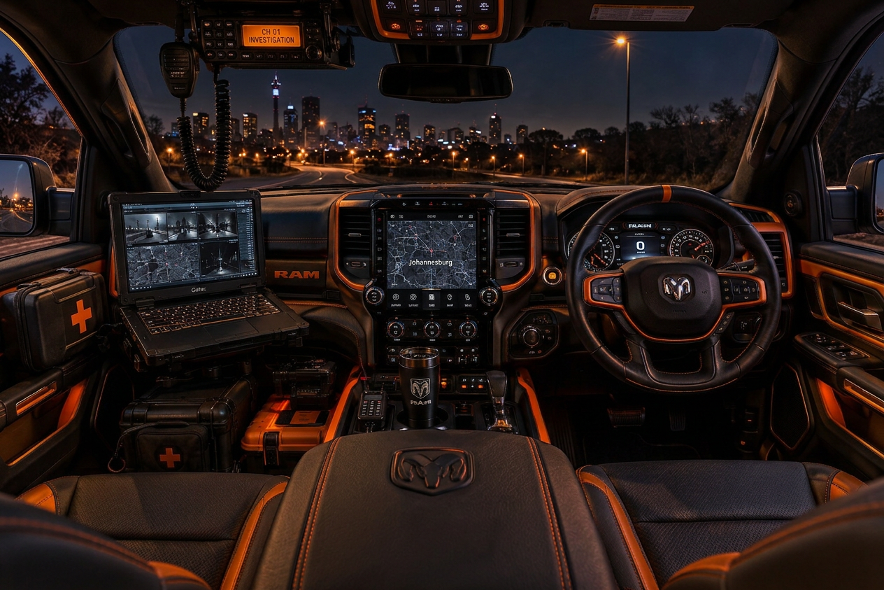 Interior of a RAM truck with orange ambient lighting, dual screens, and tactical law enforcement equipment at night.