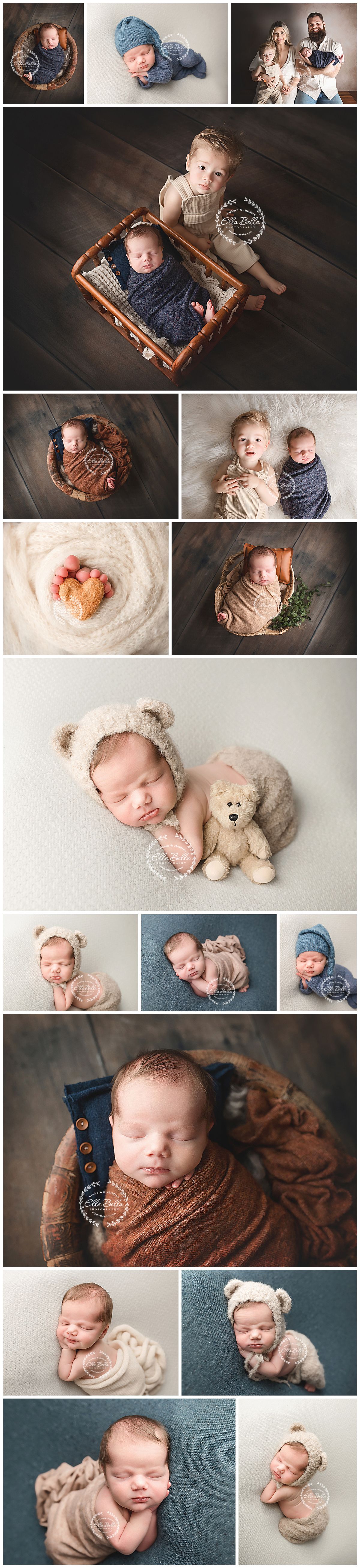 Newborn baby boy photography collage featuring bear bonnets, sibling poses, family portraits, and cozy wraps in blue and brown tones.