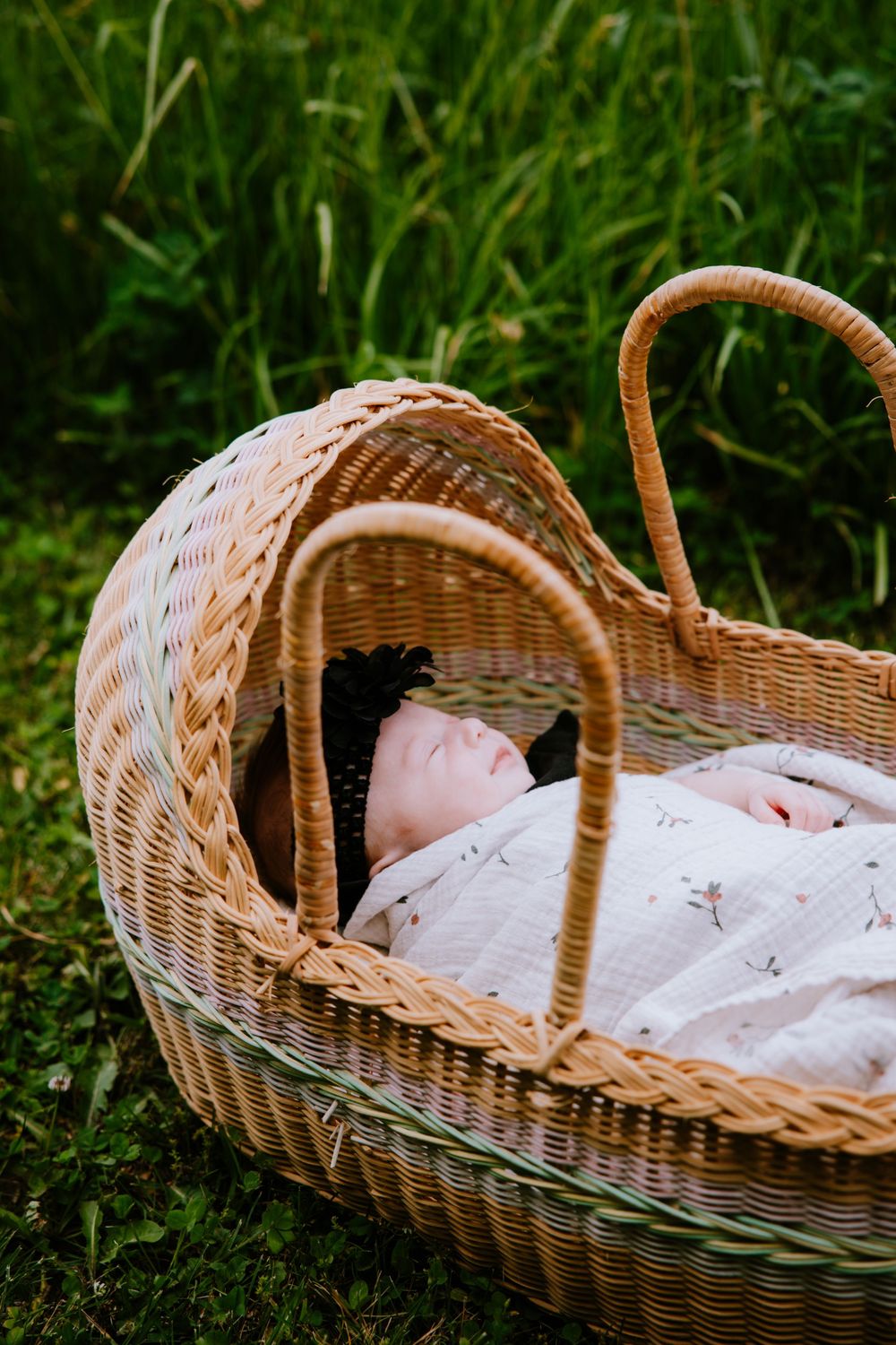 Peaceful newborn baby sleeping in a wicker Moses basket surrounded by green grass outdoors.