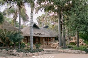 Thatched-roof safari lodge with a stone staircase, surrounded by tall palm trees and lush tropical greenery in a peaceful garden setting.