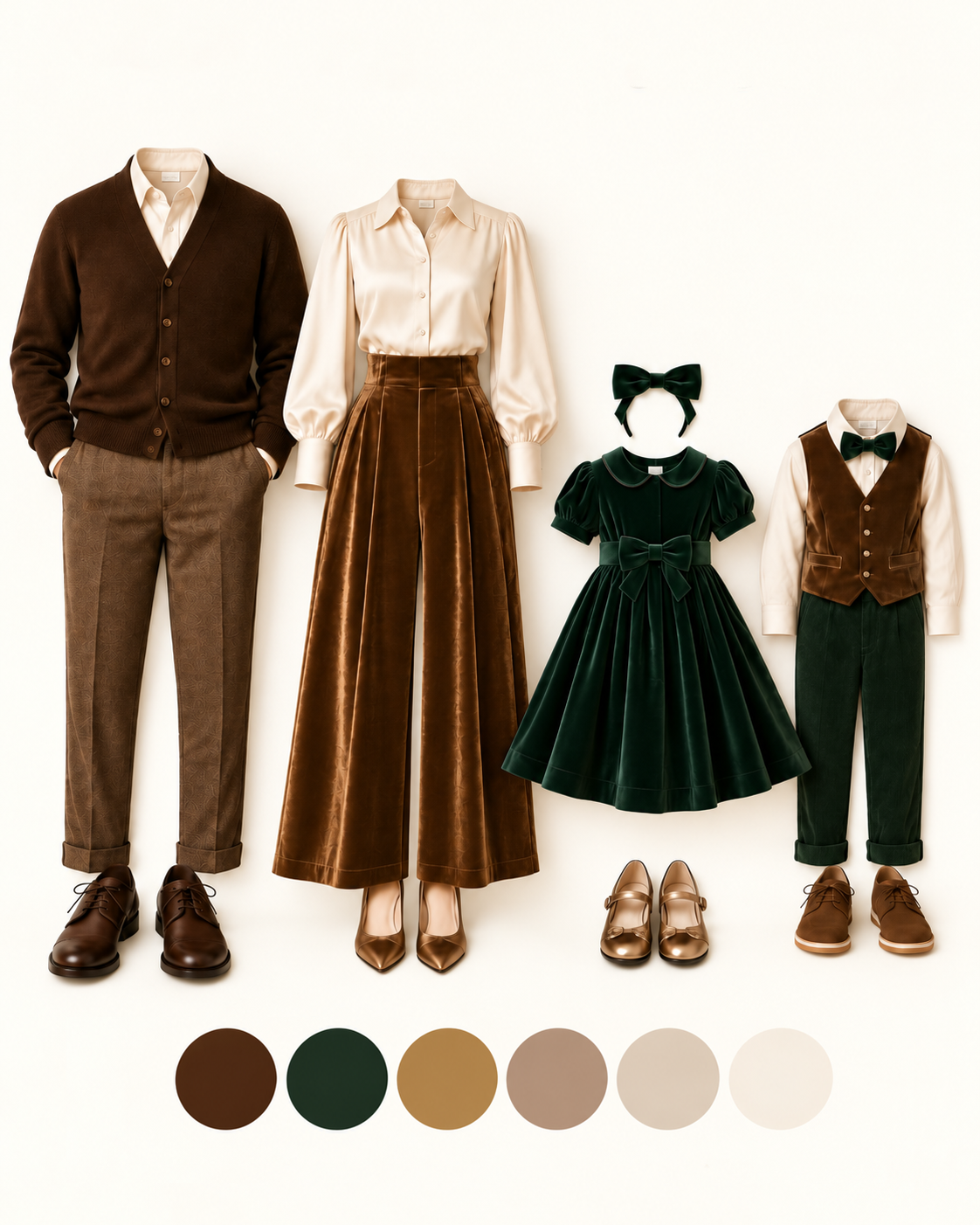 Family outfit guide in bronze and antique gold with brown cardigan, velvet skirt, green velvet dress, vest and a matching color palette.